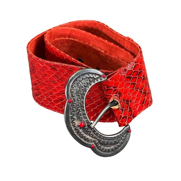 Vintage Genuine Red Reptile Skin and Suede Leather Belt - Picture 13 of 16